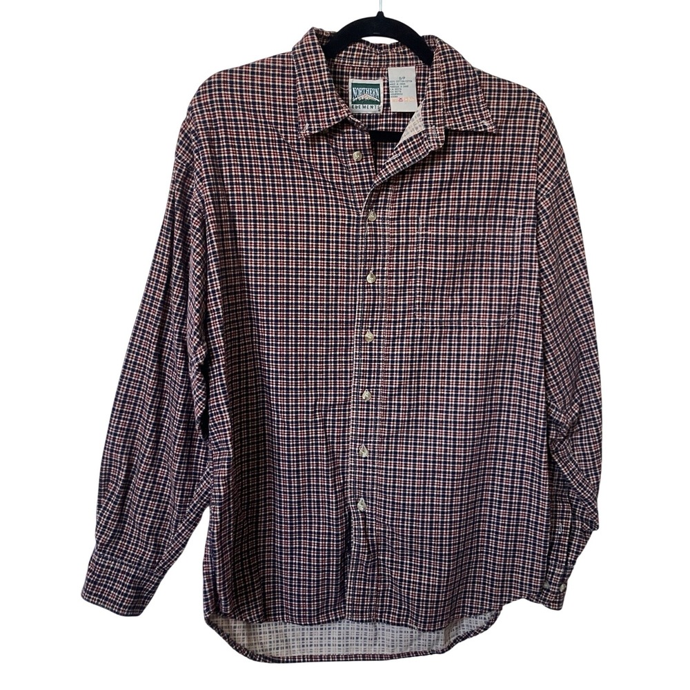 90s Northern Elements Mens S Corduroy Plaid Button Down Shirt Red Navy Cotton